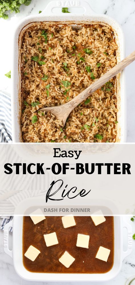 Easy Rice Casserole, Butter Rice Recipe, French Onion Rice, Onion Rice Recipe, Buttered Rice Recipe, Minute Rice Recipes, Stick Of Butter Rice, Oven Baked Rice, Rice Bake Recipes