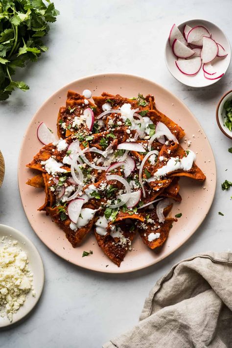 Red Chilaquiles Recipe, Baked Corn Tortillas, Chilaquiles Recipe, Isabel Eats, Mexican Comfort Food, Red Chile Sauce, Crispy Corn, Healthy Mexican Recipes, Mexican Menu