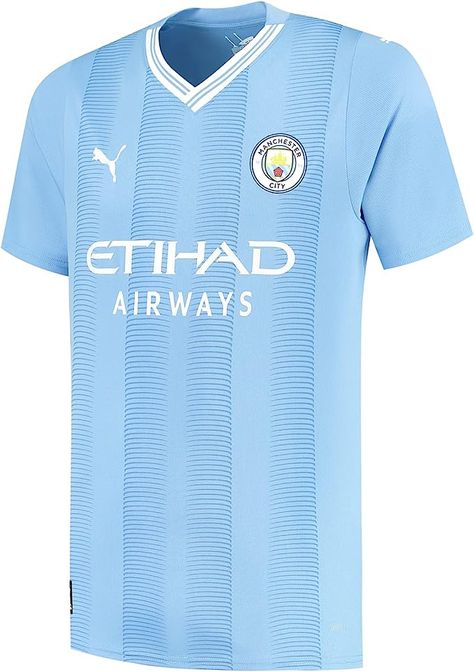 Regular fit -Short sleeves Official Manchester City club crest embroidered on chest - PUMA cat logo embroidered on chest and both sleeves 100% Polyester Machine Wash Fastening: Pull On Collar Style: One Piece Collar T-Shirt Short Sleeve 770438-01 V-neck construction with striped rib - Etihad Stadium print inside the neckline -CITY embroidered on back neck dryCELL - Highly functional materials that draw sweat away from your skin and help keep you dry and comfortable during exercise - Set-in sleev Etihad Stadium, City Club, Shirt 2023, Puma Logo, Puma Cat, Cat Logo, Football Outfits, Collar Tshirt, Puma Mens