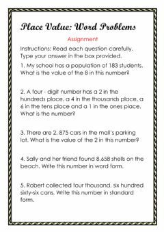 Place Value Word Problems Language: English Grade/level: 3 School subject: Math Main content: Place Value Other contents: Place Value Word Problems, Expanded Notation, Place Value Worksheets, Mathematics Worksheets, Math Place Value, Word Form, Tens And Ones, Place Value, Place Values