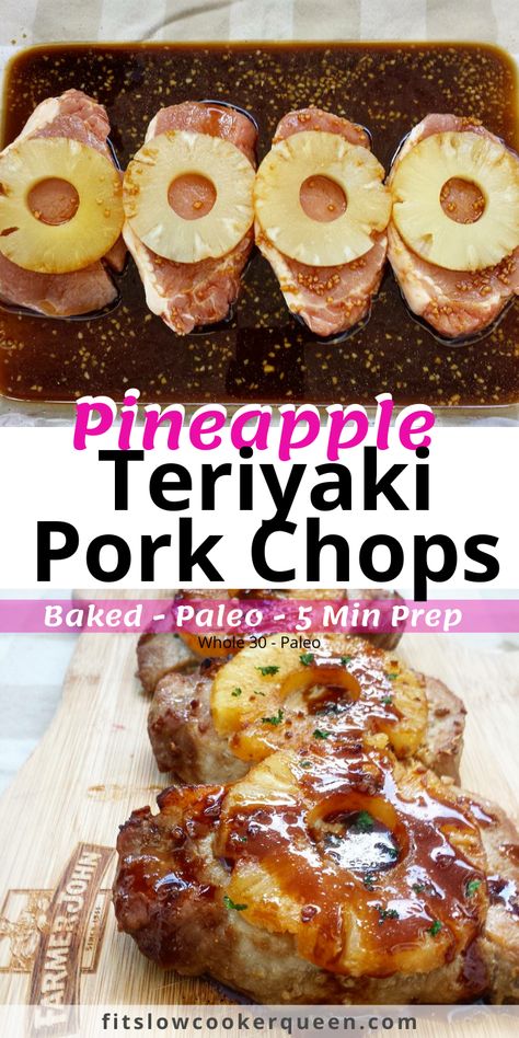 BAKED PINEAPPLE TERIYAKI PORK CHOPS - A homemade, paleo teriyaki sauce bakes on top of pork chops in this healthy yet flavorful recipe. So versatile it’s good for Sunday dinner or meal prep! #porkchops #pineappleporkchops #dinner Teriyaki Pork Chops, Pineapple Pork Chops, Pineapple Teriyaki, Teriyaki Pork, Baked Pineapple, Pineapple Pork, Pork Chop Recipes Baked, Pork Chop Dinner, Pineapple Recipes