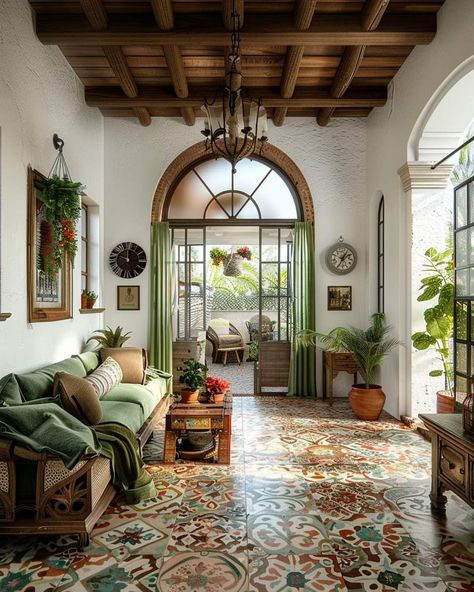 Spanish Tile Sunroom, Pueblo Decor, Spanish Cottage Interiors, Mexico City Interior Design, Spanish Style Apartment Building, Old Mexican House Aesthetic, Mexican Colonial Architecture, Spanish Style Living Room, Spanish Colonial Architecture Mexico