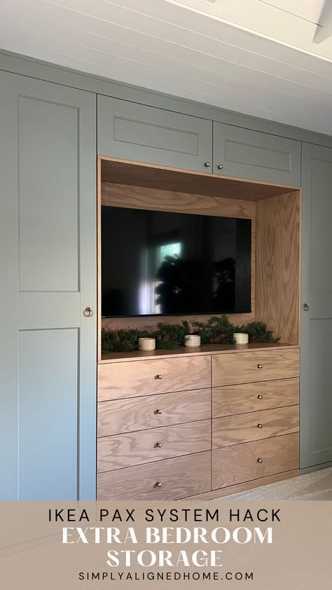 Ikea Closet With Tv, Pax Wardrobe Tv, Built In Tv Closet, Built Ins In Master, Ikea Wardrobe With Tv, Built In Closet With Tv Bedroom, Diy Ikea Built Ins Bedroom, Bedroom Tv Wardrobe Built Ins, Ikea Hack Cabinets Built Ins