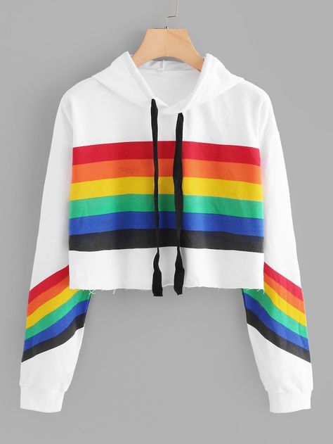 Rainbow Print Raw Hem Hoodie | SHEIN Rainbow Outfit, Trendy Hoodies, Stylish Hoodies, Crop Top Hoodie, Pride Outfit, Crop Top Sweatshirt, Tween Outfits, Teenager Outfits, Teen Fashion Outfits