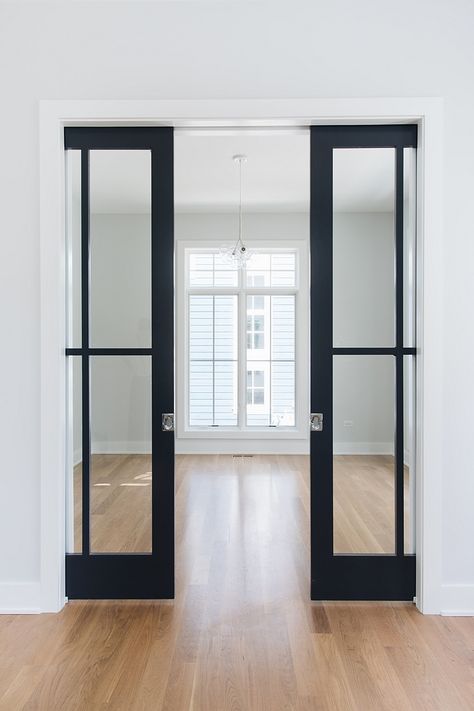 Black Interior Sliding Doors, Black Glass Pocket Doors, Small Home Office Glass Door, Small Room Door Ideas, Black Pocket Doors, Sliding Doors Interior Small Spaces, Kitchen Sliding Door Ideas, Glass Pocket Doors Interior, Sherwin Williams Cyberspace