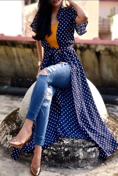 Rs 1499, Buy this Navy Blue Georgette Printed Long Shrug by Colorauction from www.colorauction.com #shrug #polkadots #cape #ecommerce #colorauction.com Shurgs Designs Dress, Shrugs With Jeans, Long Shrug, Shrug For Dresses, Frock Fashion, Long Kurti Designs, Kurti Designs Party Wear, Summer Fashion Dresses, Fashion Attire