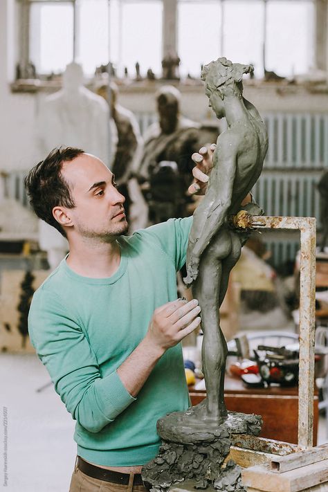 Adult man in spacious light studio with statues working on design of sculpture Man Sculpting Himself, Marble Sculpture Male, Male Marble Statue, Man Kneeling To Woman Sculpture, Men Adoring Women Sculpture, Buns Of Steel, Tender Embrace, Live Model, Pictures Of People