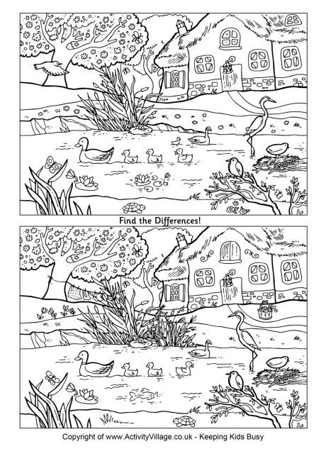 Find the differences - spring pond Spot The Difference Printable, Find The Difference Pictures, Hidden Pictures Printables, Spot The Difference Puzzle, Find The Differences Games, Hidden Picture Puzzles, Super Coloring Pages, Find The Difference, Spot The Difference