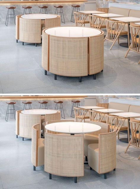 35 Super Smart Space-Saving Table Designs For Every Small Space - Engineering Discoveries Space Saving Restaurant Seating, Restaurant Furniture Design Chairs, Display Table Design, Chair And Table Design, Modern Tea House, Chair Table Design, Table Chair Design, Can Furniture, Coffee Table With Seating