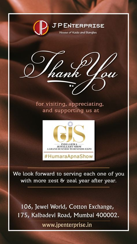 Thank you everyone. It was really wonderful to meet you all at GJS. We would love to take this acquaintance forward. #gjs #humaraapnashow #nesco #goldbangles #antiquebangles #fancybangles #classicjewellery #bangles #goldkangan #traditionaljewellery #mumbaijewellery #goldresellers #goldwholesaler #goldjewellery #goldbanglemanufacture #indianjewellery #royaljewellery #jewellery Exhibition Invitation Design, Exhibition Invitation, Gold Kangan, Invite Design, Big Jewelry, Thank You For Support, Jewelry Show, Event Invitation, Gems Jewelry