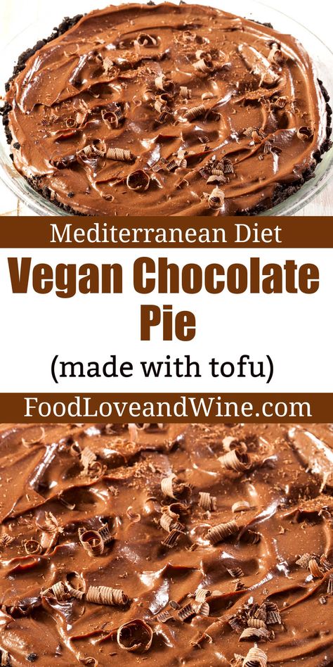 Homemade Vegan Chocolate Tofu Pie, a no bake chocolate dessert recipe that is low in fat and Mediterranean diet friendly Chocolate Tofu Pie, Tofu Pie, Homemade Vegan Chocolate, Diet Friendly Desserts, Heart Healthy Desserts, No Bake Chocolate Desserts, Vegan Milk, Chocolate Dessert Recipes, Chocolate Pies