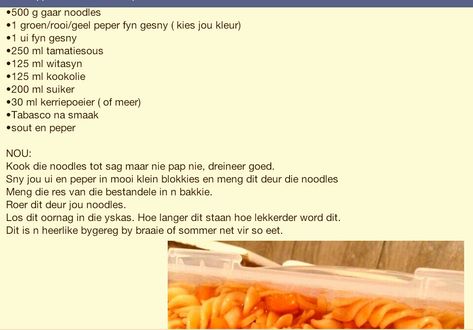 KERRIE NOODLE SLAAI. Kerrie Noodle Slaai Resep, Noodle Slaai, Tupperware, Noodles, Favorite Recipes, Fruit, Quick Saves