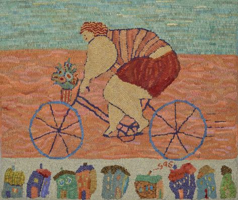 Woman on bicycle, hooked rug. by Sharon Smith Free Motion Embroidery Applique, Embroidery Line Art, Sharon Smith, Artistic Rugs, Hooking Rugs, Punch Needle Ideas, Line Art Coloring, Rug Hooking Designs, Locker Hooking