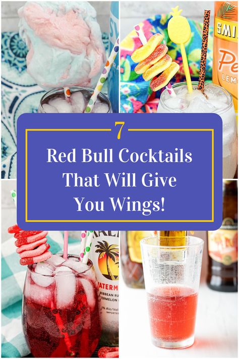 Collage of 4 red bull cocktails. Red Bull And Alcohol, Redbull Drink Recipes Alcohol, Redbull Drinks Alcoholic, Watermelon Red Bull Cocktails, Alcoholic Drinks With Redbull, Rum And Red Bull, Redbull Vodka Recipe, Tropical Red Bull Cocktails, Red Bull Drinks Cocktails