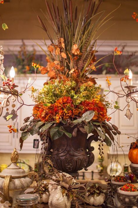 Create a statement with a handcrafted fall silk flower arrangement. Each one is one-of-a-kind so it's as unique as you! Dining Table Setting Ideas, Thanksgiving Dining Table, Fall Flower Arrangements, Fall Floral Arrangements, Fall Arrangements, Fall Deco, Halloween Outdoor, Fall Thanksgiving Decor, Autumn Decorating