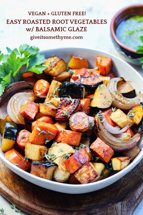 Roasted Root Vegetables with Balsamic - Give it Some Thyme Roasted Root Vegetables Thanksgiving, Roasted Root Vegetables Oven, Root Vegetable Recipes, Balsamic Roasted Vegetables, Roasted Root Vegetable Salad, Cashew Pesto, Root Vegetable Salad, Root Vegetables Recipes, Rosemary Salt