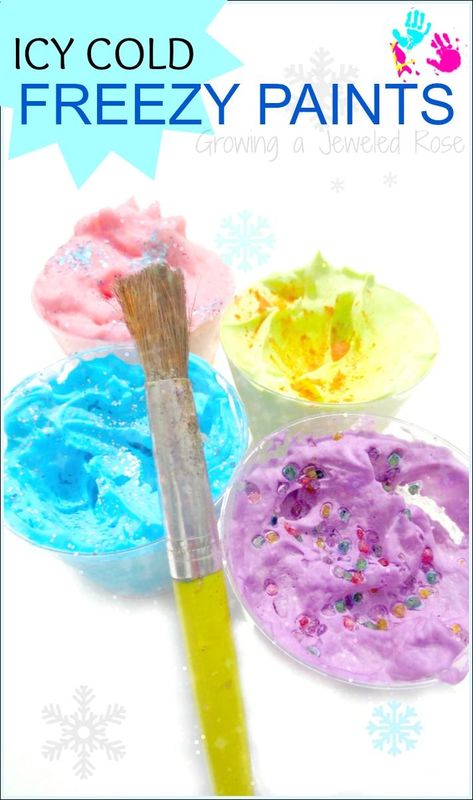 Easy to make FREEZY PAINTS - Create beautiful works of art with these super fluffy, icy paints -  super for language activities and sensory exploration Paint Recipe, Sensory Exploration, Summer Play, Shave Cream, Summer Activity, Food Colouring, Shaved Ice, Kool Aid, Play Dough