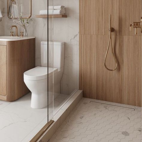 White Marble And Wood Bathroom, Low Maintenance Bathroom Tile, Shower With Wood Tile, Kuwait House, Beige Shower Tile, Playroom Bathroom, House Room Design, Elegant Laundry Room, Wall Composition