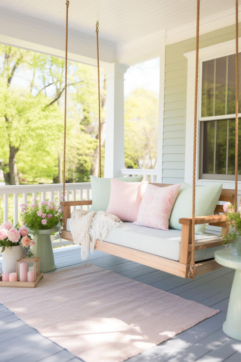 40+ Farmhouse Spring Porch Decor Ideas for Your Home Back Porch Designs Farmhouse, Dream Home Front Porch, Porch Lounge Ideas, Cozy Deck Decorating Ideas, Vintage Front Porch Ideas, Wrap Around Porch Decor, Farmhouse Front Porch Furniture, Wrap Around Porch Decorating Ideas, Cute Front Porch Ideas