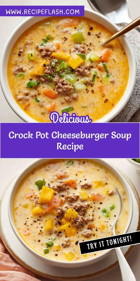 Looking for a comforting meal that warms your soul? This Crock Pot Cheeseburger Soup Recipe combines hearty ground beef with creamy goodness for the ultimate comfort food. Perfect for busy weeknights, save this recipe for a delicious dinner that the whole family will love! Cheeseburger Soup Crockpot, Cheeseburger Soup Recipe, Ground Beef Crockpot Recipes, Cheese Burger Soup Recipes, Soup With Ground Beef, Cheeseburger Soup, Dinner With Ground Beef, Soup Crocks, Winter Soups