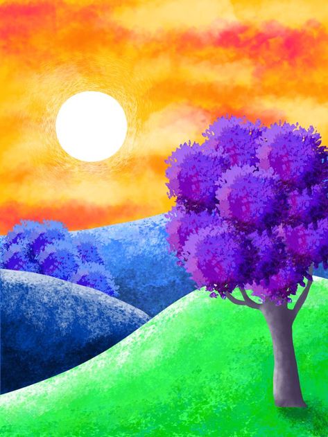 Neon Landscape, Sunny Images, Yellow Clouds, Tree Orange, Color Theory Art, Yellow Cloud, Green Scenery, Purple Tree, Colorful Clouds