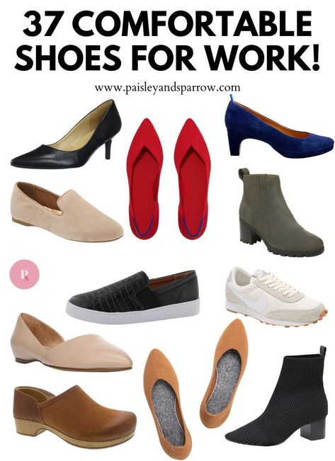 The best most comfortable work shoes! Great shoes to wear to the office to keep your feet happy. Comfortable Work Clothes For Women, Work Shoes Women The Office, Comfy Shoes For Work, Comfortable Work Shoes Women, Business Casual Shoes Women, Supportive Shoes, Classic Outfits For Women, Comfortable Work Shoes, Womens Office