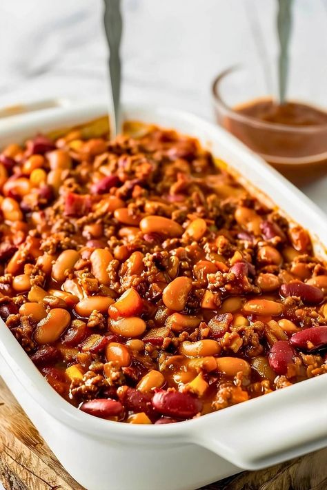 Three-Bean Casserole - Insanely Good 3 Bean Casserole Recipes, 3 Bean Hotdish, Three Bean Casserole Recipes, 3 Bean Casserole Ground Beef, Three Bean Baked Beans, 3 Bean Casserole, Three Bean Casserole, Bean Casserole Recipes, Ground Beef And Bacon