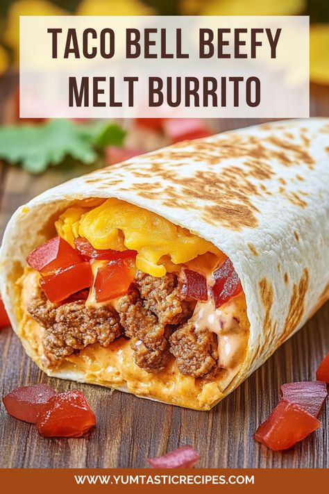 Love Taco Bell? Learn how to make their famous Beefy Melt Burrito at home with this simple recipe! Bursting with bold flavors, cheesy goodness, and savory beef, it’s a quick and delicious meal the whole family will enjoy.

#BurritoLovers #HomemadeFastFood #TacoBellAtHome #CheesyBurritos #MexicanRecipes Taco Bell Volcano Burrito Recipe, Chili Cheese Burrito Taco Bell Recipe, Taco Bell Beefy Melt Burrito, Cheesy Beef Burritos, Quick Lunches At Home, Chili Cheese Burrito Taco Bell, Burrito Hack, Lunches At Home, Chili Cheese Burrito