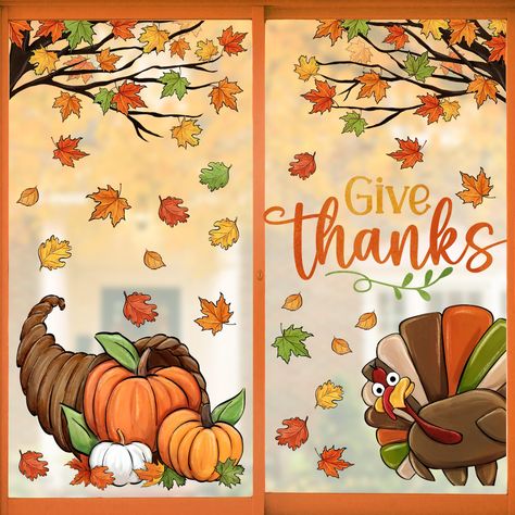 PRICES MAY VARY. Thanksgiving Decorations: The adorable design with vivid and vibrant patterns like gobble turkeys, pumpkin patch, cornucopia, maple trees, which graced the windows and add the happy atmosphere of Thanksgiving Day to your home. DIY a magic space for your farmhouse, home, kitchen in Thanksgiving Day dinner feast and fall autumn party Package Including: These window clings are festival decorations for Thanksgiving Day. You will get 4 sheets of delicate Thanksgiving window stickers Thanksgiving Tree Decorations, Thanksgiving Window Art, Thanksgiving Window Display, Thanksgiving Window Decorations, Thanksgiving Window Painting, Fall Window Painting Ideas, Thanksgiving Turkey Decorations, Fall Window Painting, Window Drawings