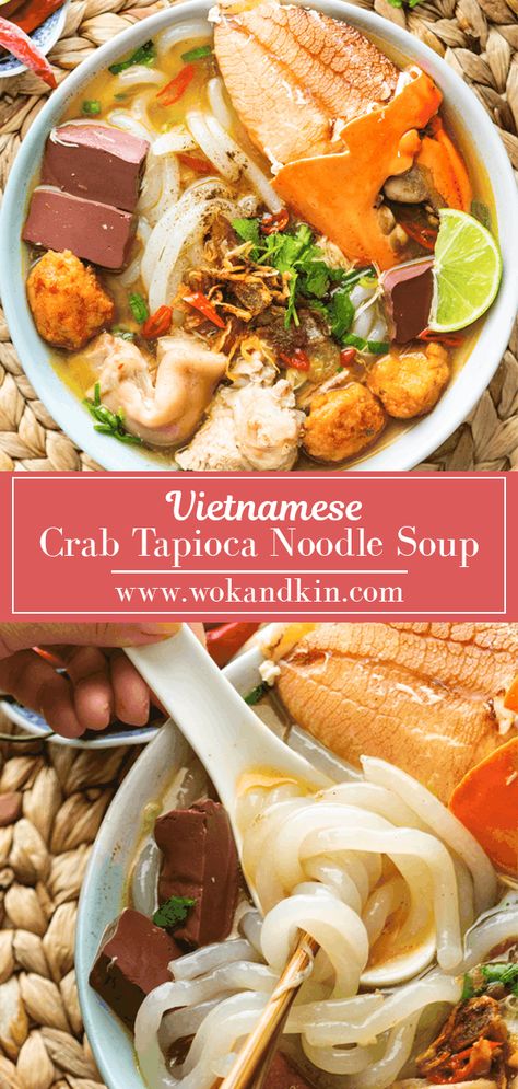 This slurp-worthy bowl of Banh Canh Cua has an explosive fresh crab flavor and slippery tapioca noodles for every noodle soup lover! With a sticky, thick seafood broth topped with aromatic herbs, it's a gem everyone needs to try. #banhcanhcua #tapiocanoodles #tapiocanoodlesoup #vietnamesenoodlesoup Tapioca Noodles, Banh Canh, Seafood Broth, Noodles Lover, Seafood Market, Seafood Soup, Asian Soup, Asian Grocery, Hot Soup