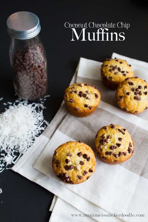 I want to make these yummy Coconut Chocolate Chip Muffins!  Perfect for a quick breakfast!  |  mynameissnickerdoodle.com Feet Loaf Recipe, Chocolate Muffin Recipe, Coconut Muffins, Coconut Chocolate, Homemade Muffins, Chocolate Chip Recipes, Chocolate Chip Muffins, Chocolate Muffins, Chocolate Coconut