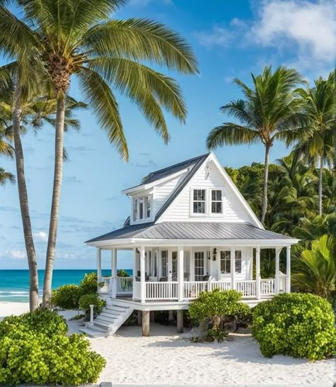 Cute Beach Bungalow, Hawaiian Beach House Exterior, Small Beach House Aesthetic Exterior, Tropical Cottagecore, House On The Beach Hawaii, White Cottage Exterior, Hawaii Houses On The Beach, Beach House Designs, Island Bungalow