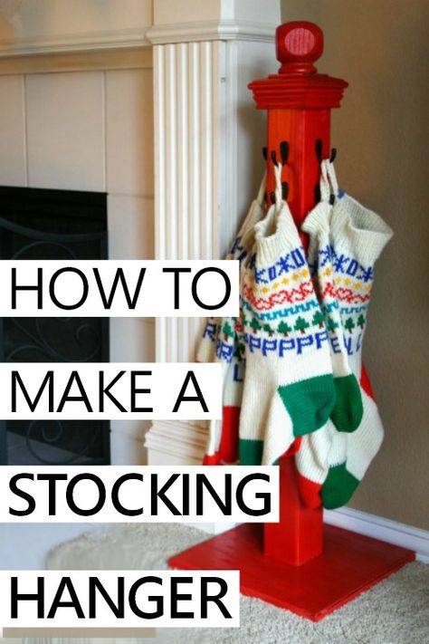 how to make a DIY stocking hanger Christmas Stocking Post Diy, Stocking Post Diy, Stocking Holder Stand Diy, Stocking Hanger Ideas, Stocking Stand Diy, Sticking Hanger, Stocking Holders Diy Wooden, Stockings On Wall Ideas, Stocking Holders Standing Diy