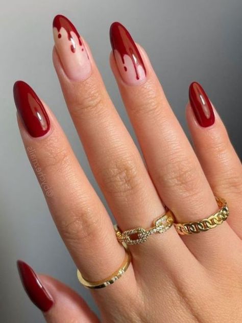 burgundy almond nails with blood drip Ongles Gel Halloween, Holloween Nails, Halloween Acrylic Nails, Cute Halloween Nails, October Nails, Her Nails, Red Nail, Nagel Inspo, Halloween Nail Designs