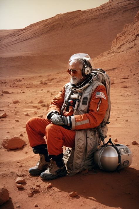 old man in futuristic clothing breathing air on Mars, tangerine cold color palette, muted colors, detailed, 8k Space Man Aesthetic, Cold Color Palette, Color Palette Muted, Ur Mine, Mars Poster, Space Posters, Mars Space, Futuristic Clothing, Space Poster