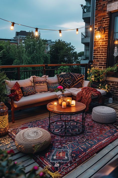 A beautifully designed small balcony decorated with string lights, colorful cushions, and intricate rugs, exuding cozy apartment style. Roofless Balcony Ideas, Condo Balcony Ideas, Small Holiday Home, Balcony On A Budget, Diy Veranda, Nyc Terrace, Charlotte Apartment, Balcony Diy, Balcony Oasis