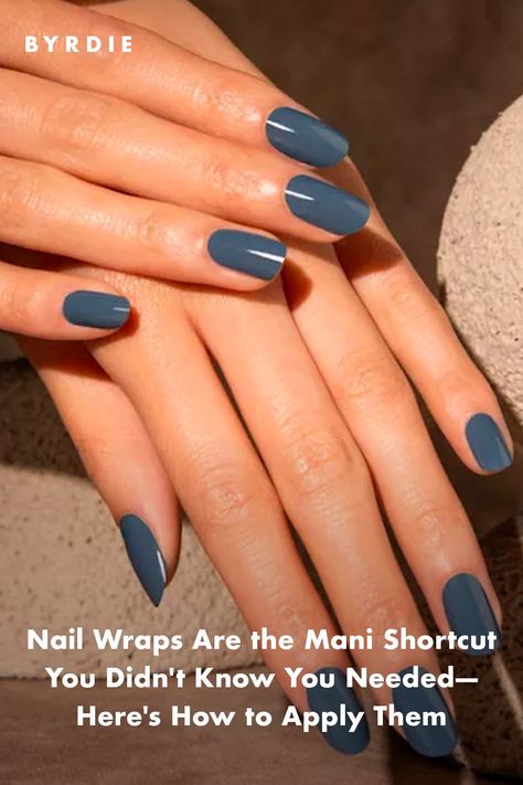 Well-manicured hands with slate blue nail colored nail wraps Nails Ideas Valentines Day, February Nails Ideas Valentines Day, February Nails Ideas, Ideas Valentines Day, Dry Nails Quick, February Nails, Beauty Parlour, Daisy Nails, Dry Nail Polish