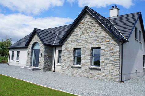 New Build Bungalow Ireland, Bungalow With Black Windows, Bungalow Exterior Ireland, New Build Ireland, Stone Bungalow Exterior, Mansion Blueprints Floor Plans, Bungalow House Design Ireland, Irish House Plans Bungalow, Floor Plans Minecraft