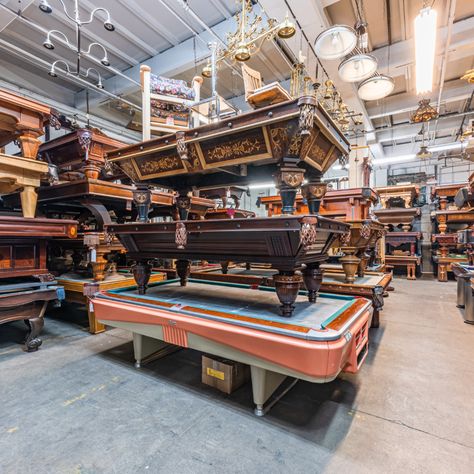 For 97 years Blatt Billiards has collected the world's largest collection of Antique Pool Tables. Antique Pool Table, Vintage Pool Table, Pool Room Ideas, Antique Game Table, Antique Pool Tables, Custom Pool Tables, Old Tables, Billiards Room, Pool Hall