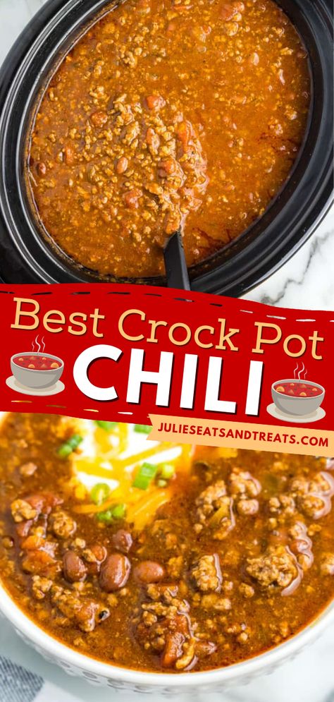 This Crock Pot Chili is a simple dinner recipe loaded with ground beef, beans, tomato sauce, and seasonings! This hearty slow cooker recipe will be your new favorite go-to comfort food! Save this pin. Homemade Chili Beans Recipe, Chili Beans Crockpot, White Chili Crockpot, Homemade Chili Beans, Crockpot Chili Recipe, Easy Chili Recipe Crockpot, Crock Pot Chili, Bean Chili Recipe, Best Crockpot Recipes