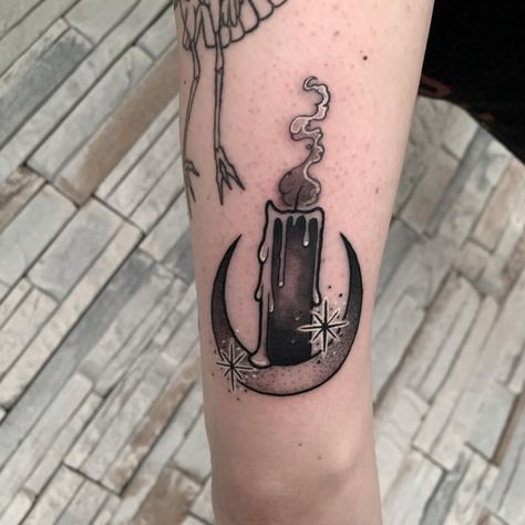 Moon And Candle Tattoo, Candle Moon Tattoo, Witch Candle Tattoo, Spooky Candle Tattoo, Witchy Candle Tattoo, Witch Tattoos, Goth Tattoos, Salem Halloween, Witchy Candles