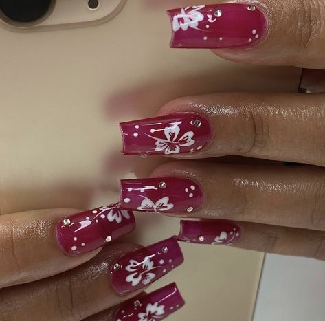 Red Beach Nails, Tropical Flower Nails, Quinceanera Nails, Sculpted Nails, Tropical Nails, Punk Nails, Diva Nails, Cute Simple Nails, Grunge Nails