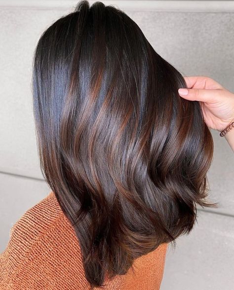 Dark Brown Cinnamon Hair Color, Cinnamon Balayage Dark Brown, Hair Highlights For Black Hair, Bronze Balayage, Redish Brown Hair, Cinnamon Balayage, Trendy Hair Color Ideas, Icy Blonde Hair Color, Balayage Dark