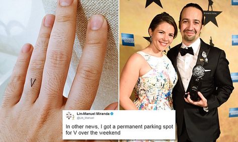 Lin-Manuel got the cutest tattoo tribute to his wife Hamilton Tattoo, Vanessa Nadal, V Tattoo, Hamilton Wallpaper, Hamilton Lin Manuel Miranda, Hamilton Lin Manuel, Hamilton Fanart, Hamilton Funny, Cute Celebrity Couples