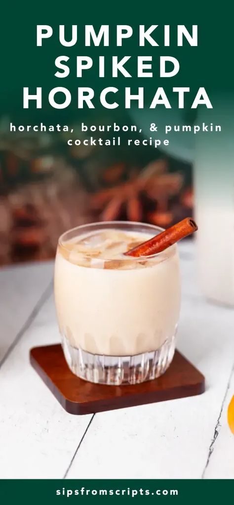 The Pumpkin Spiked Horchata is a whiskey-based cocktail recipe that was created by Alex and Kendall of Sips From Scripts as an autumn-inspired variation of the Mocha Spiked Horchata. Spiked Horchata, Horchata Cocktail, Pumpkin Cocktail Recipes, Horchata Drink, Autumn Cocktail, Cocktail Inspiration, Craft Cocktail Recipe, Fall Cocktails Recipes, Pumpkin Spice Syrup