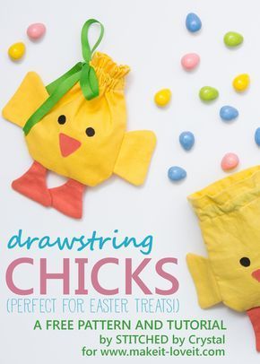 Sew a drawstring chick treat bag, perfect for filling with Easter treats! This is a quick and easy sewing project that would make a great addition to your kids Easter baskets! Spring Sewing, Story Birthday, Kids Easter Basket, Bunny Bags, Soccer Party, Mouse Party, Bag Toppers, Beginner Sewing Projects Easy, Sewing Projects For Kids