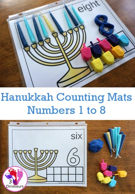 Free Hands-On Hanukkah Themed Counting Mats: 1 to 8 - 8 different mats for counting each night - 3Dinosaurs.com #handsonprintables #hanukkah #countingforkids Chanukah Preschool Crafts, Hanukkah Gifts For Teachers, Preschool Hanukkah Crafts, Hannukah Prek Activities, Hanukkah Math Preschool, Chanukah Preschool Activities, Hanukkah Theme Preschool, Hannakah Theme Preschool, Hannukah Activities Preschool