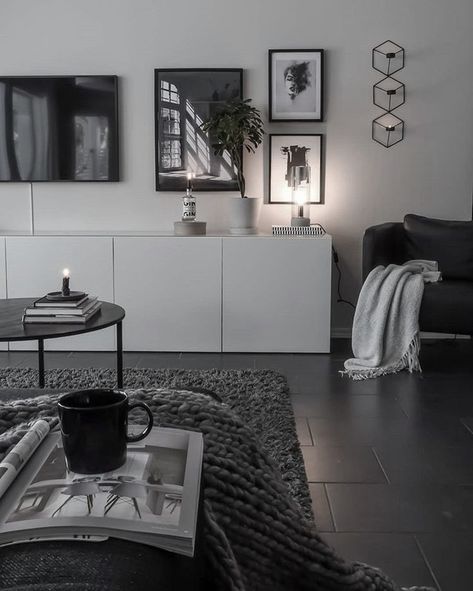 Modern Apartment With Color, Black And White Apartment Aesthetic, Livibg Room, Open Living Room Design, Enjoy Your Evening, Bedside Table Decor, Black And White Living Room, Scandi Home, Open Living Room