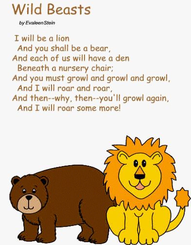 Wild Beasts poem - Lion & Bear Safari Animals Preschool, Jungle Preschool, Daycare Songs, Rhyming Poems For Kids, School Poems, School Poetry, Animal Songs, Animal Riddles, Preschool Poems