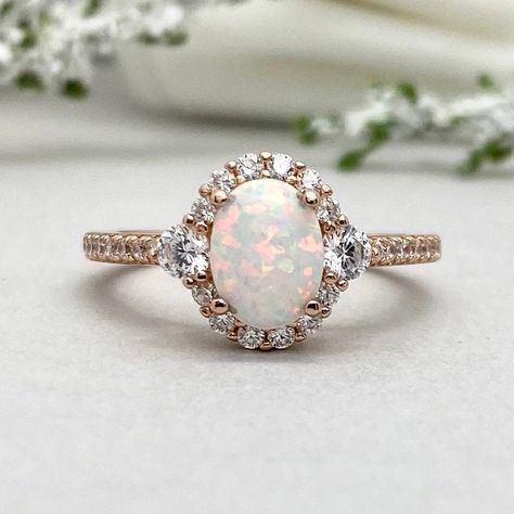 Rose Gold Oval White Opal Wedding Ring Round Simulated Diamond Engagement Ring White Fire Opal Halo Art Deco Ring Sterling Silver Ring by xoxojewelryshop on Etsy Fire Opal Engagement Ring, Wedding Ring Round, Opal Wedding Ring, Halo Art, Opal Wedding, Wedding Rings Round, Opal Wedding Rings, Simulated Diamond Rings, Spiritual Artwork